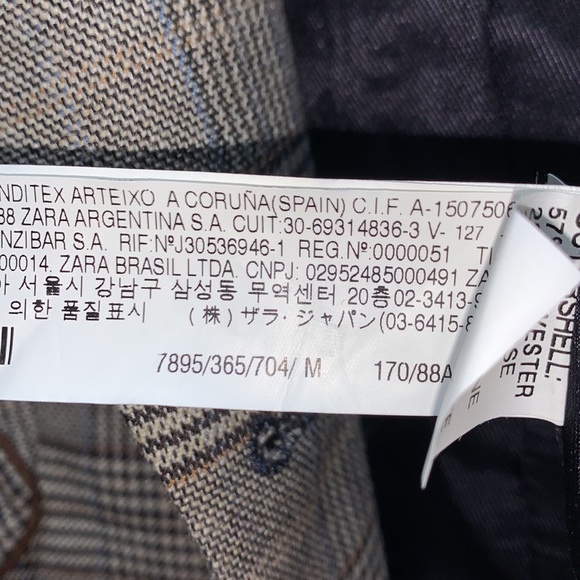 ZARA Basics Wool blend Plaid Blazer brown patchwork elbows 2 button satin lined - Picture 13 of 17